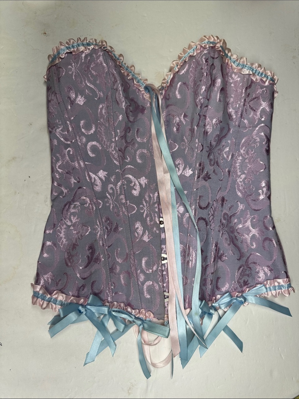 Lavender Floral Brocade Corset Pastel pink blue Ribbon Trim M costume party sexy